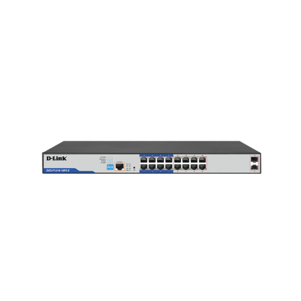D-Link DGS-F1210-18PS - 16-Port Gigabit Long Range 250m PoE+ Smart Switch with 2 SFP Ports