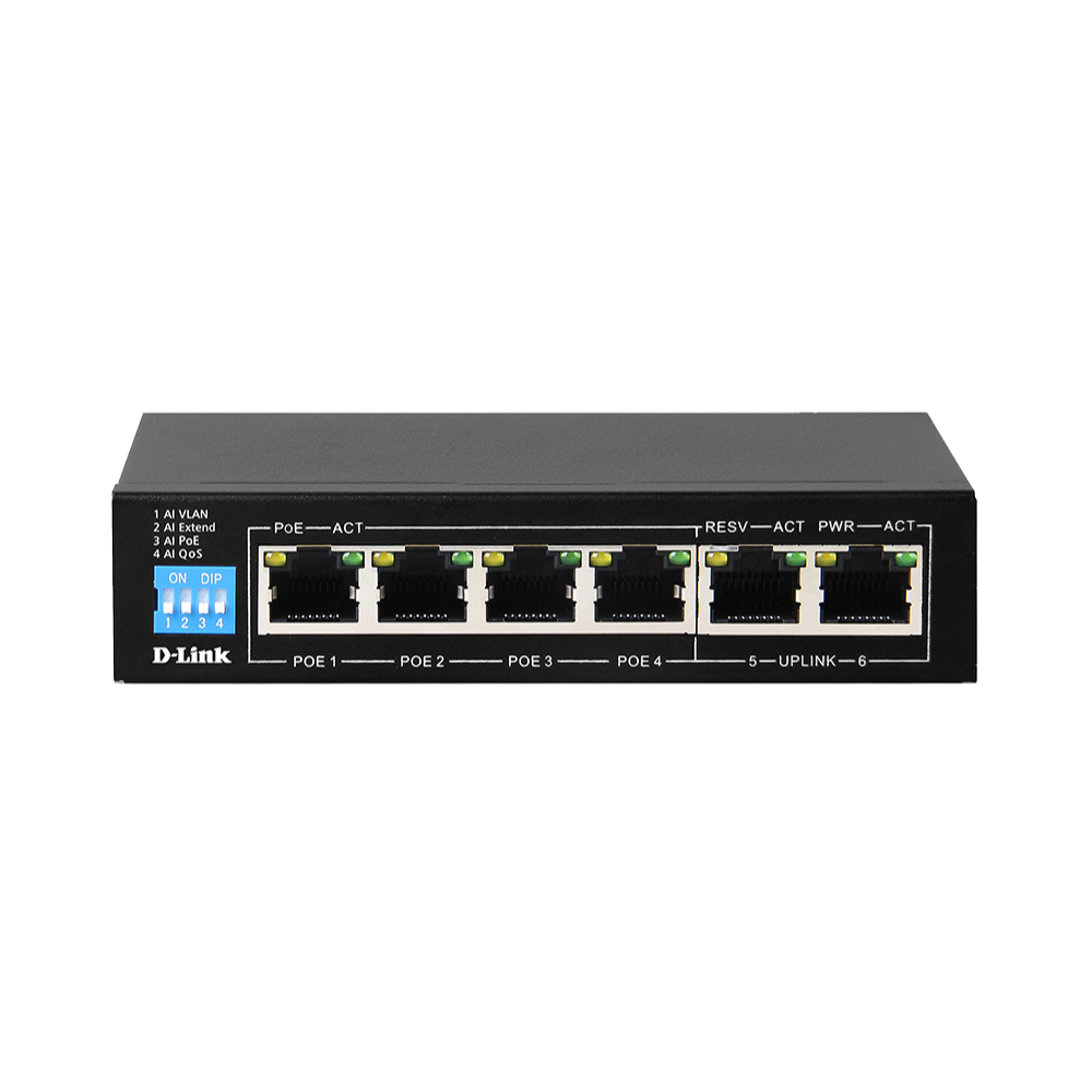 D-Link DGS-F1006P - 6-Port Gigabit PoE Switch with 4 Long Reach PoE Ports and 2 Uplink Ports